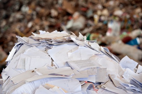 A large pile of mixed paper waste, including sheets of white paper, documents, and notes, is stacked outdoors on a gravel surface in a garden or backyard setting. The paper pile appears disorganized with various lengths of paper overlapping and crumpled in places. In the background, there is a blurred view of soil, small rocks, and scattered debris, indicating an outdoor environment typical of rubbish removal sites. The image is well-lit, allowing clear visibility of the textures and colors of the paper, which range from bright white to slightly yellowed, with some edges torn or folded. The scene exemplifies the type of paper waste that Garden Clearance Kensington might remove during garden or domestic clearance services, and it subtly highlights the need for professional rubbish removal in Kensington or similar areas. The overall environment appears to be a driveway or garden area, suitable for waste collection and disposal, with the focus on the cluttered paper waste ready for pickup and recycling or disposal.